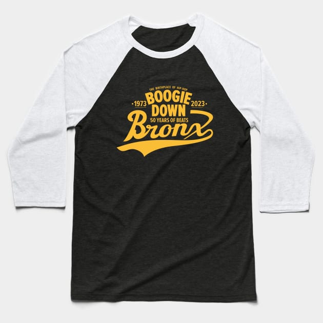 Boogie Down Bronx lettering - 50 years of Hip Hop Baseball T-Shirt by Boogosh